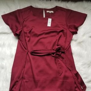 Satin Ruby Tie Waist Plus Size Flounce Dress